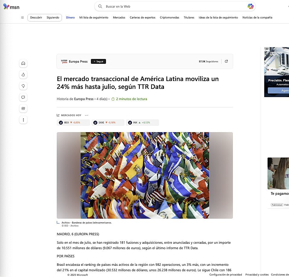 El mercado transaccional de Amrica Latina moviliza un 24% ms hasta julio, segn TTR Data
